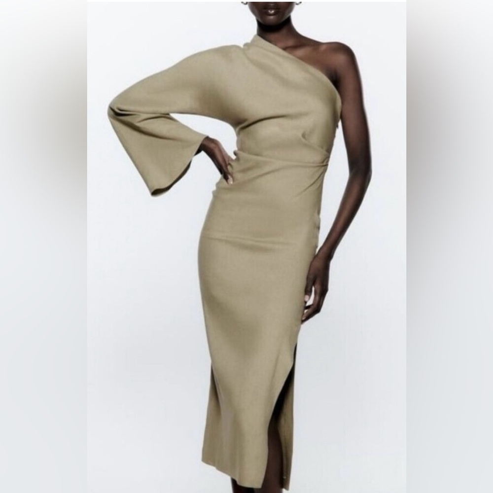 Zara Asymmetrical One Shoulder Sleeve Linen Blend Midi Dress Large